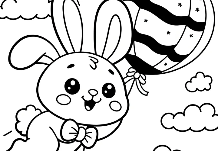 Laughing Easter bunny flies with balloon: Easter picture to color (Free)