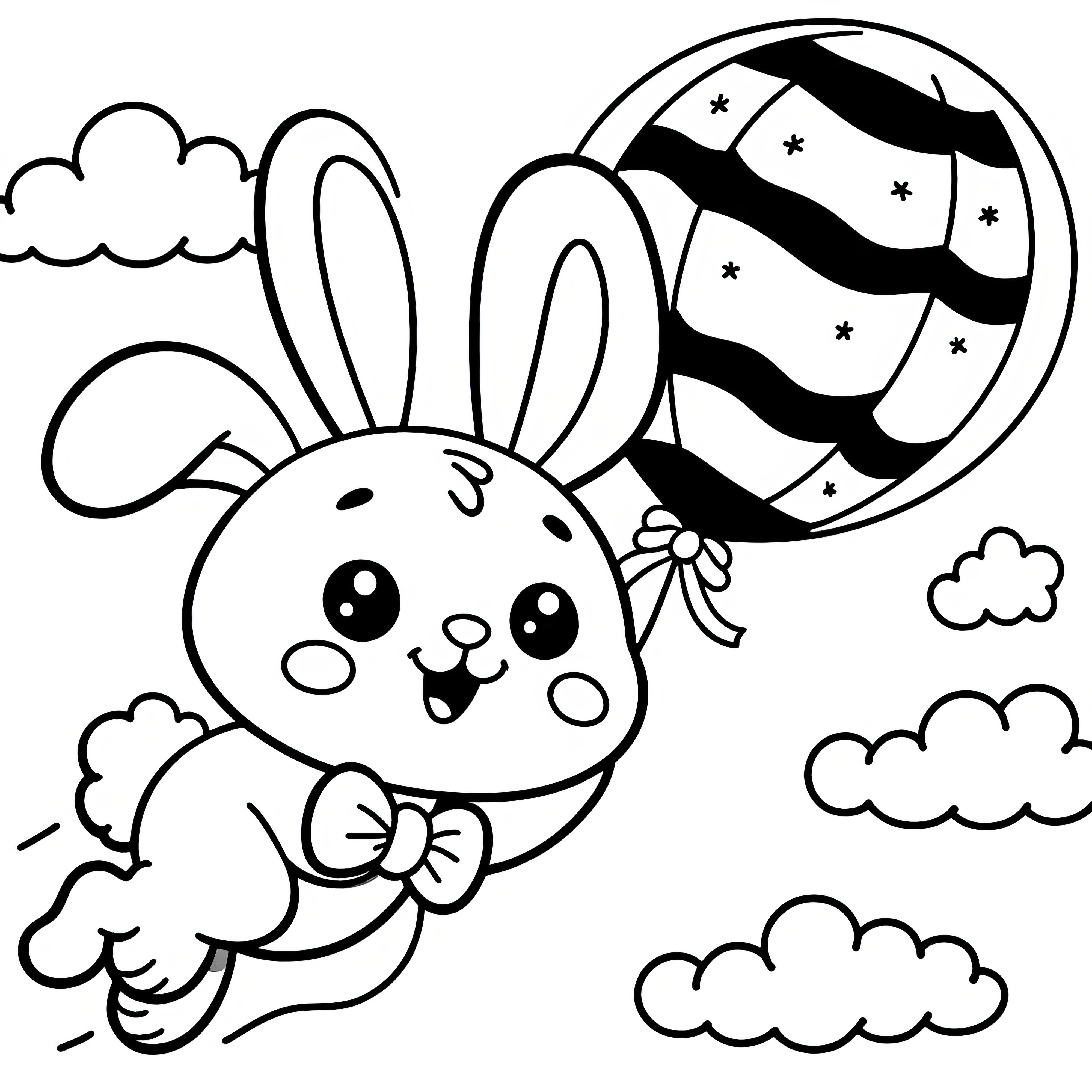 Laughing Easter bunny flies with balloon: Easter picture to color (free)