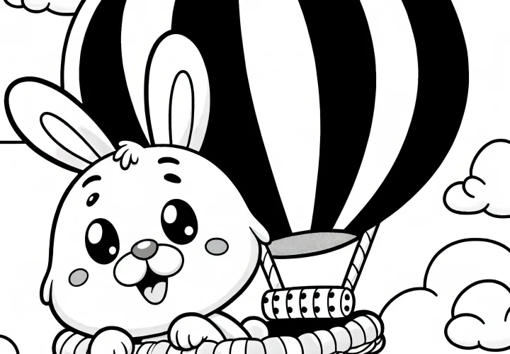 Easter bunny in a hot air balloon: Your coloring picture for download (Free)