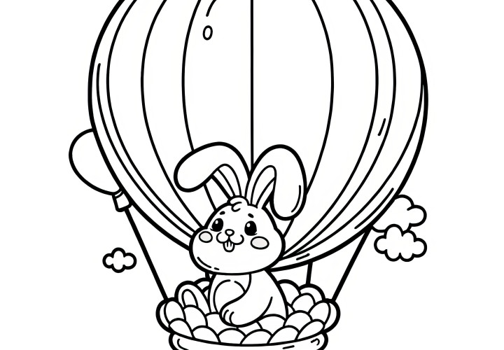 Easter bunny in a hot air balloon with eggs: Simple coloring page for children (Free)