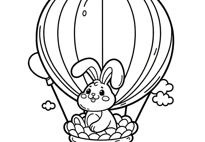 Lapin de Pâques en montgolfière avec des œufs : Modèle de coloriage simple pour enfants (Gratuit)