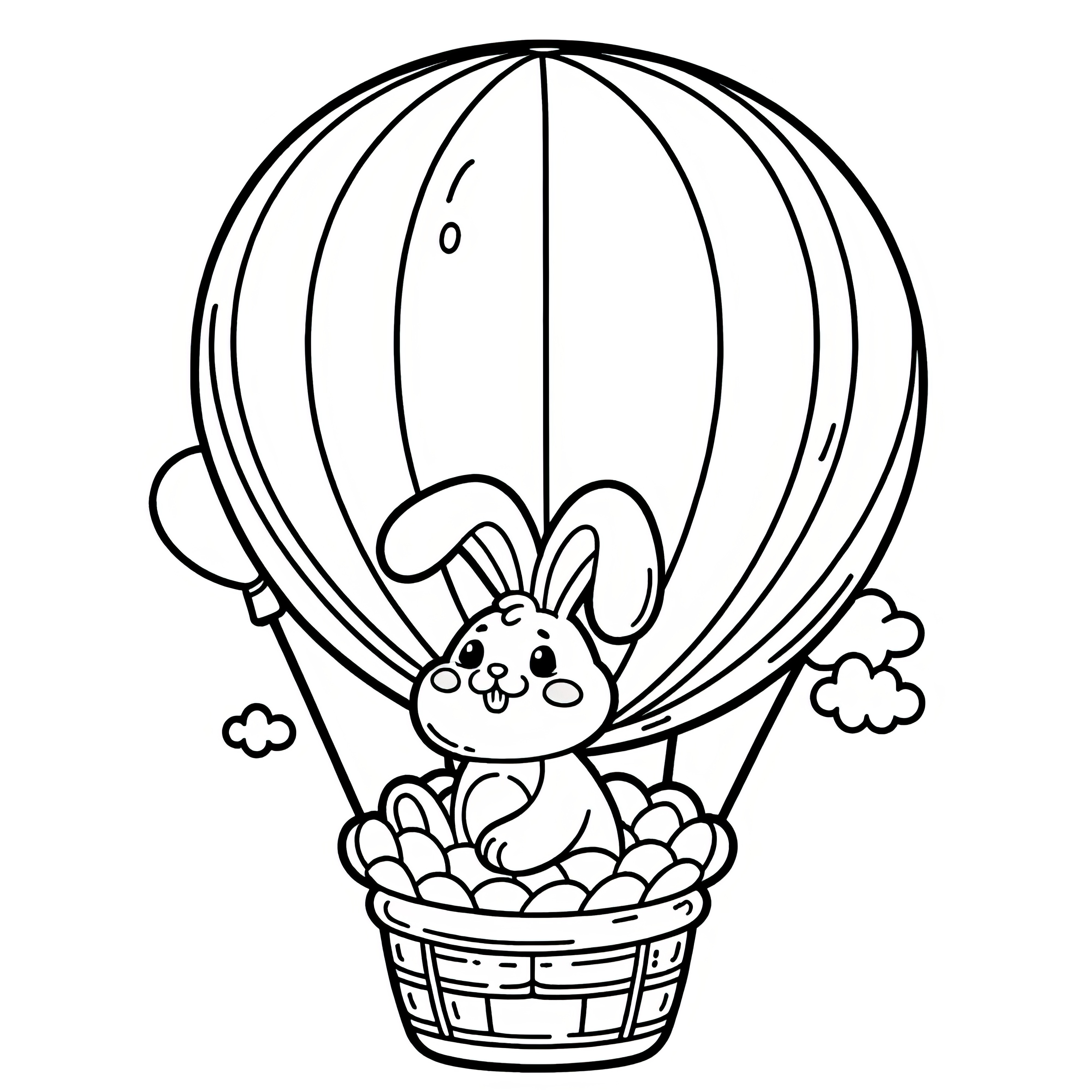 Easter bunny in a hot air balloon with eggs: Simple coloring page for children (free)