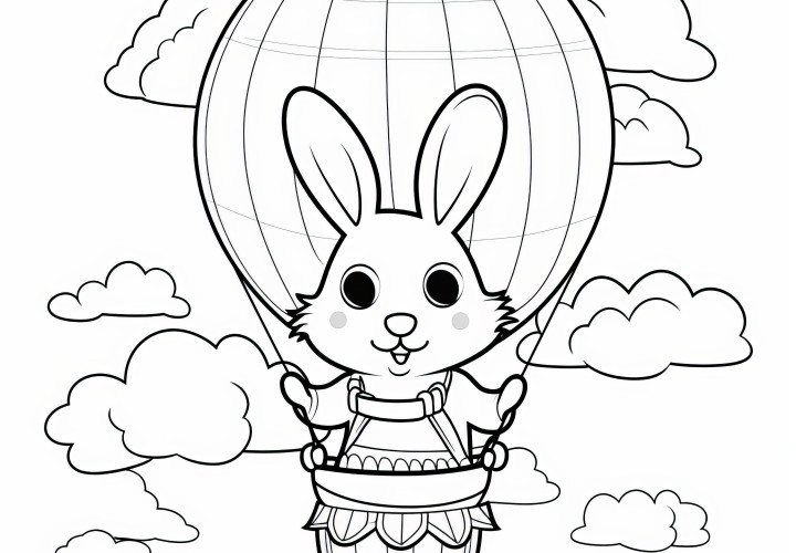 Lapin de Pâques aux grands yeux dans une montgolfière : Modèle de coloriage simple (Gratuit)