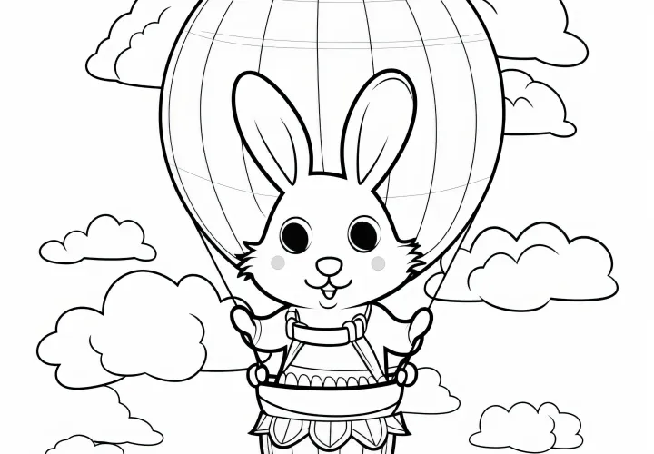 Lapin de Pâques aux grands yeux dans une montgolfière : Modèle de coloriage simple (Gratuit)