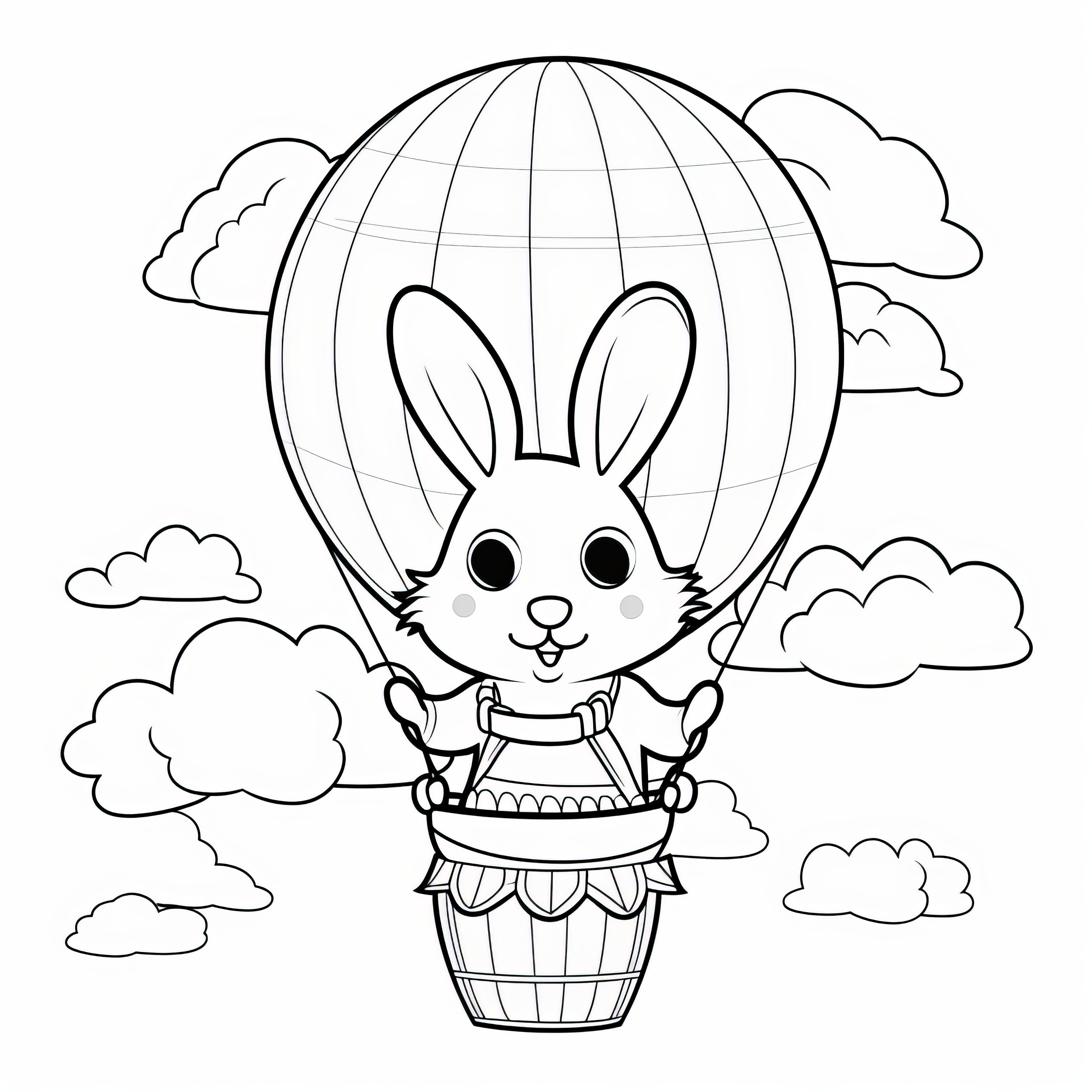 Lapin de Pâques aux grands yeux dans une montgolfière: Modèle de coloriage simple (Gratuit)