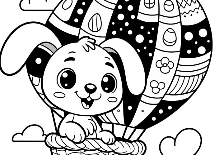 Lapin de Pâques aux oreilles pendantes en montgolfière : Coloriage à télécharger (Gratuit)