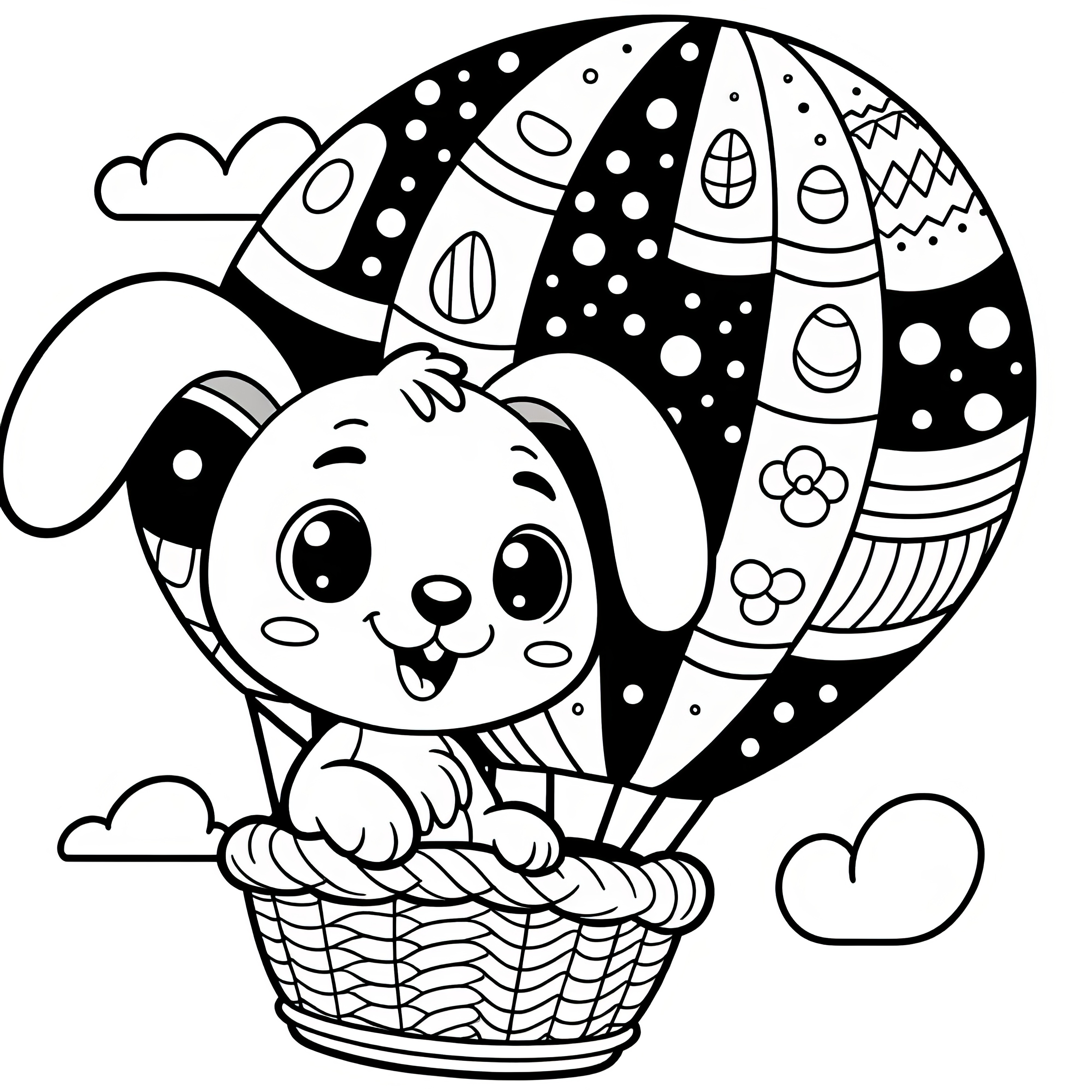 Easter bunny with floppy ears in a hot air balloon: coloring picture for download (free)