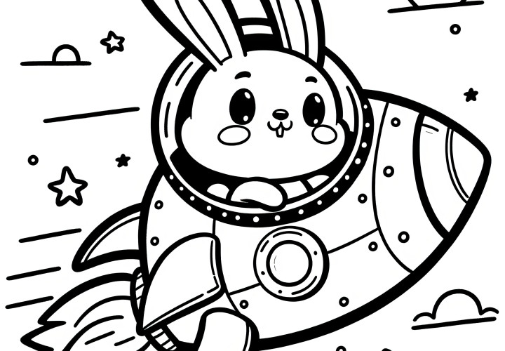 Easter bunny flies in rocket through sky with clouds and stars (for free)