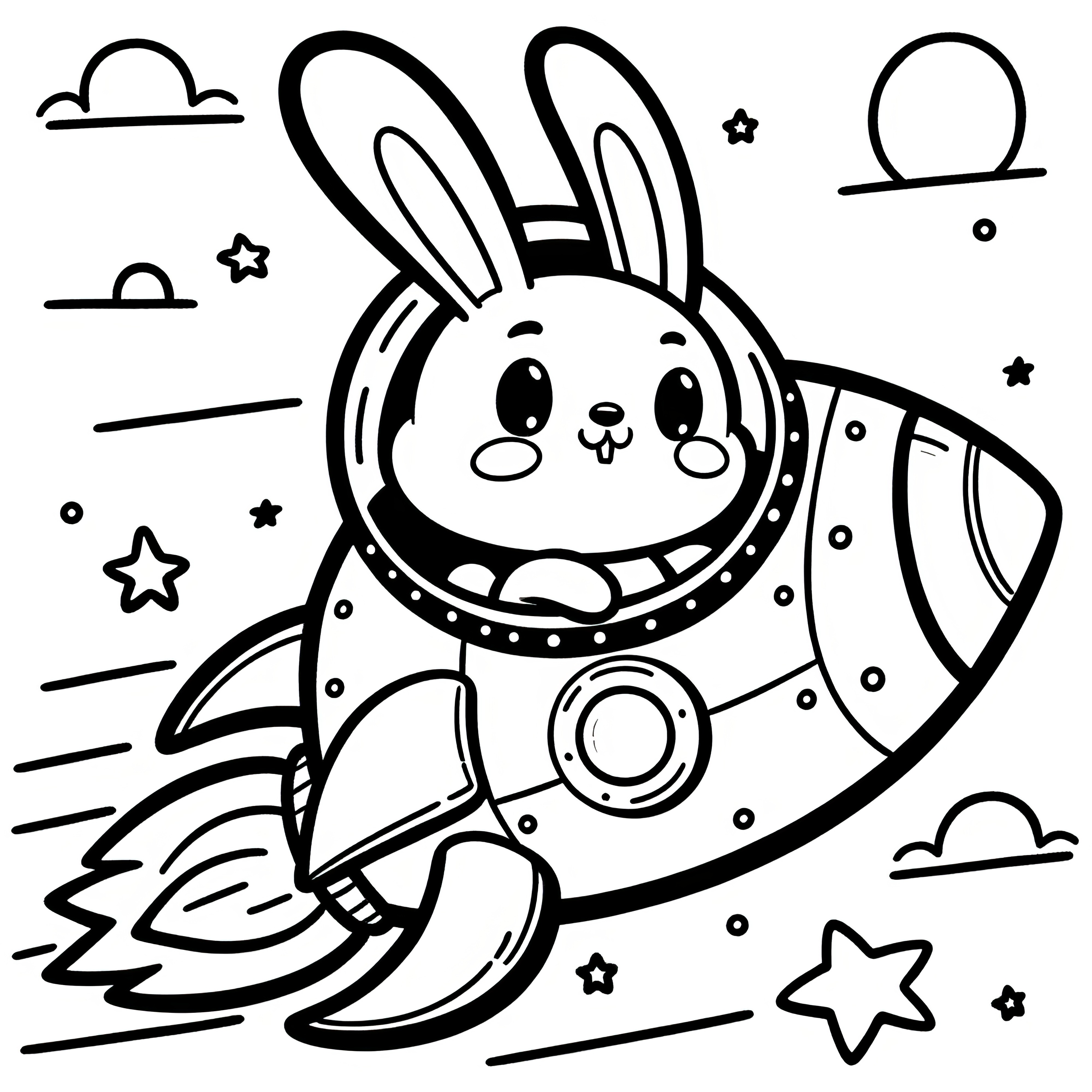 Easter bunny flies in rocket through sky with clouds and stars (Free)