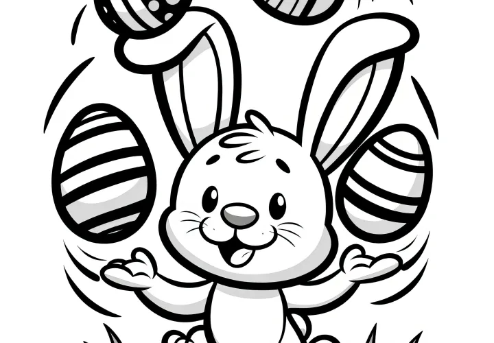 Easter bunny juggles Easter eggs on a meadow: Picture to color (Free)