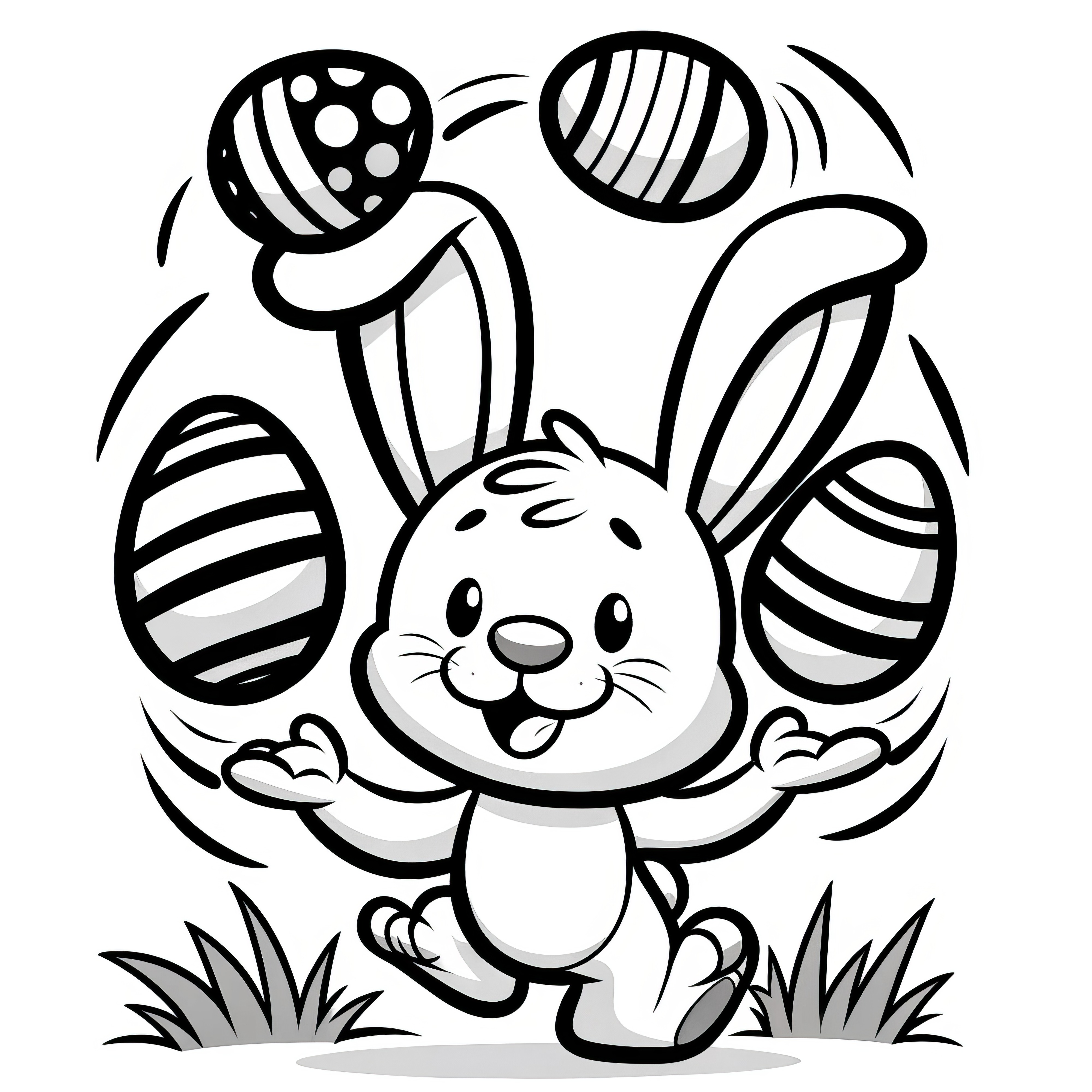 Easter bunny juggles Easter eggs in the meadow: Picture to color (Free)