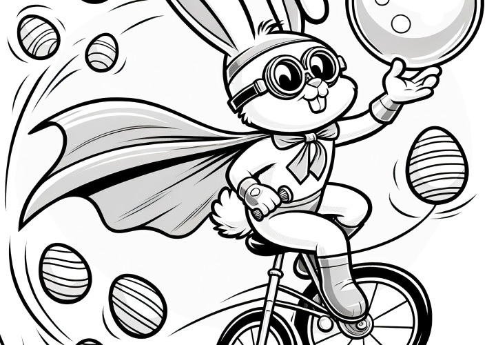 Le lapin de Pâques en tant que super-héros fait des acrobaties à vélo : Coloriage avec des œufs de Pâques (Gratuit)