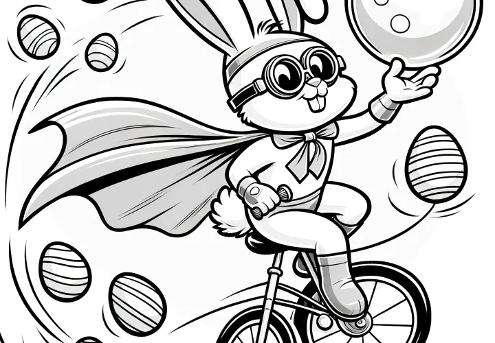 Easter bunny as a superhero performs a trick on a bike: Coloring page with Easter eggs (Free)