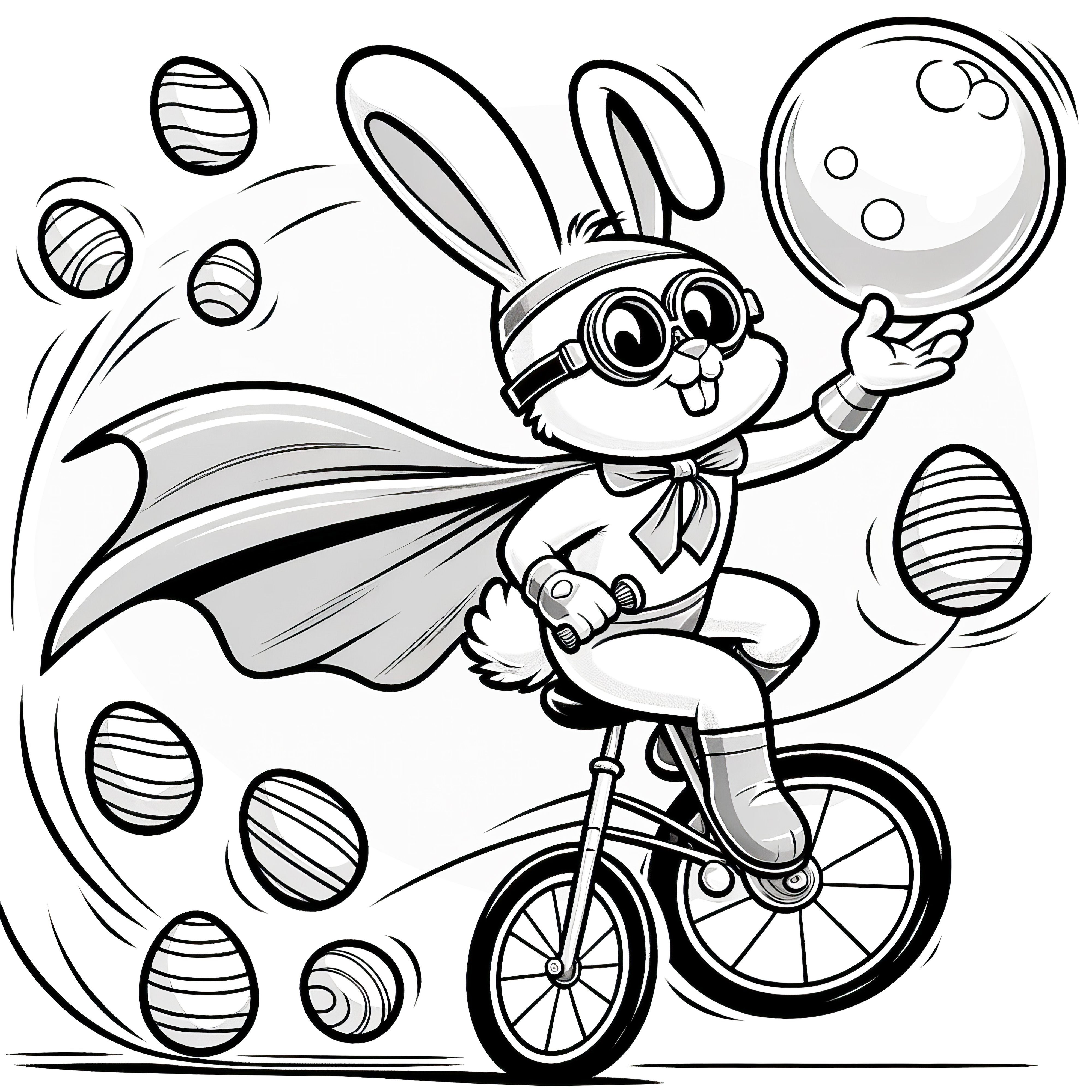 Easter Bunny as superhero performs trick on bicycle: Coloring page with Easter eggs (Free)