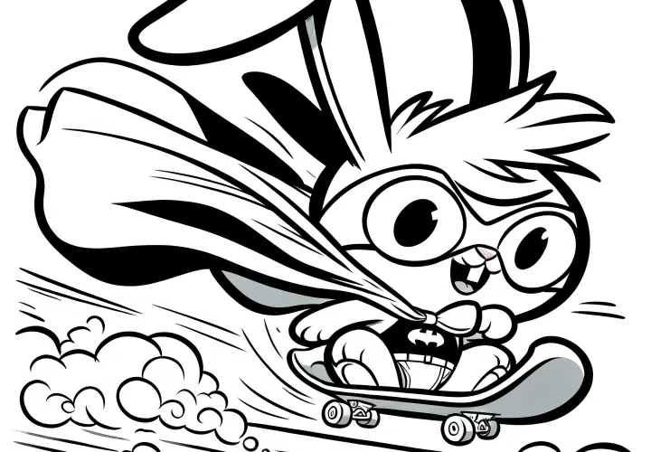 Easter bunny racing on a skateboard: Free coloring page for kids