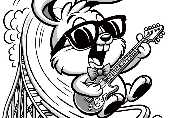 Un lapin de Pâques cool avec des lunettes de soleil et une guitare : dessin à colorier à télécharger (gratuitement)