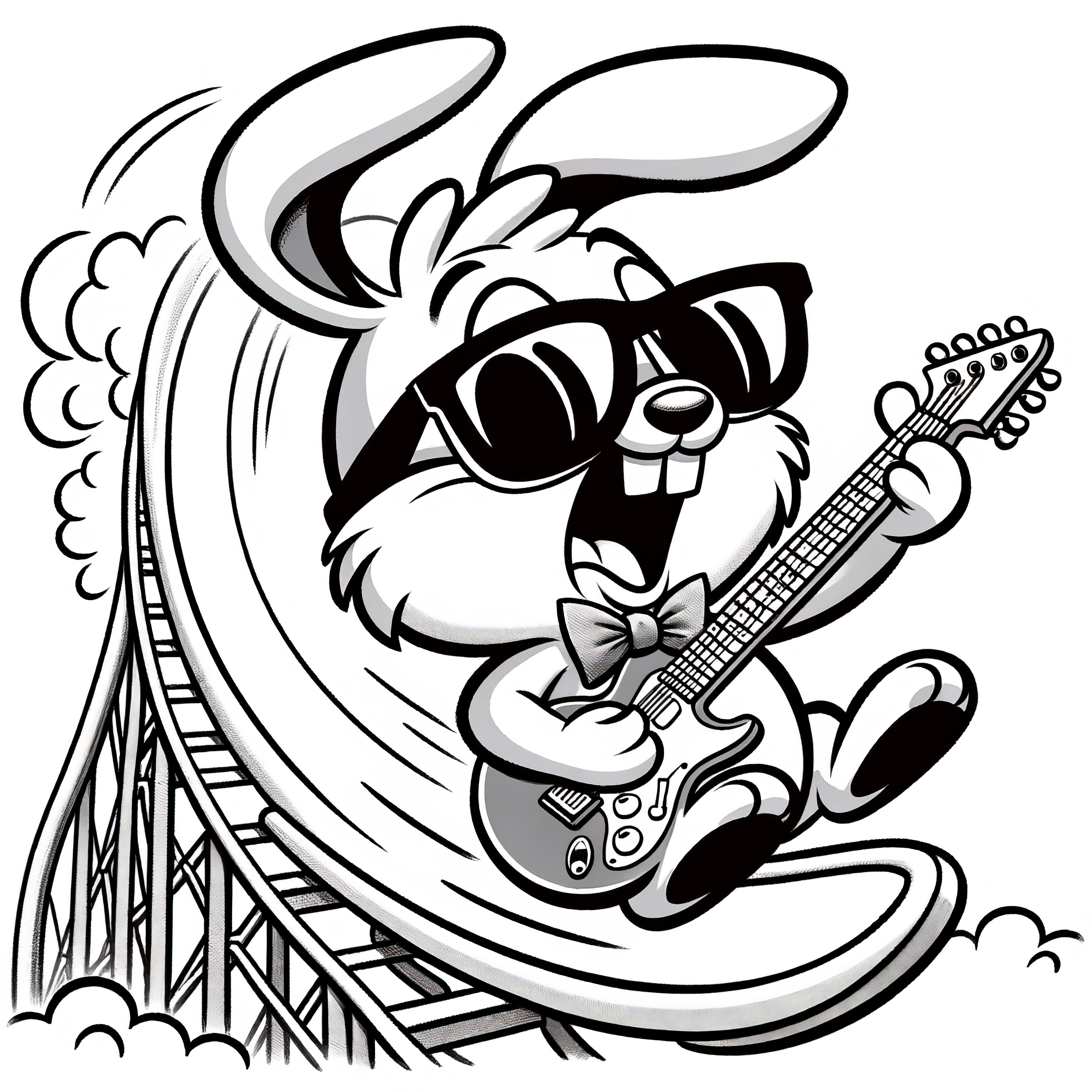 Lapin de Pâques cool avec des lunettes de soleil et une guitare : Image à colorier à télécharger (Gratuit)