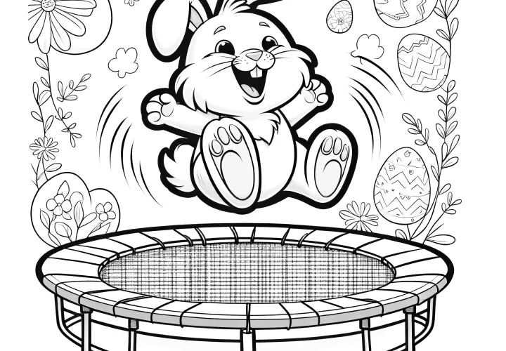 Laughing Easter bunny on a trampoline with Easter eggs: Picture for download (Free)