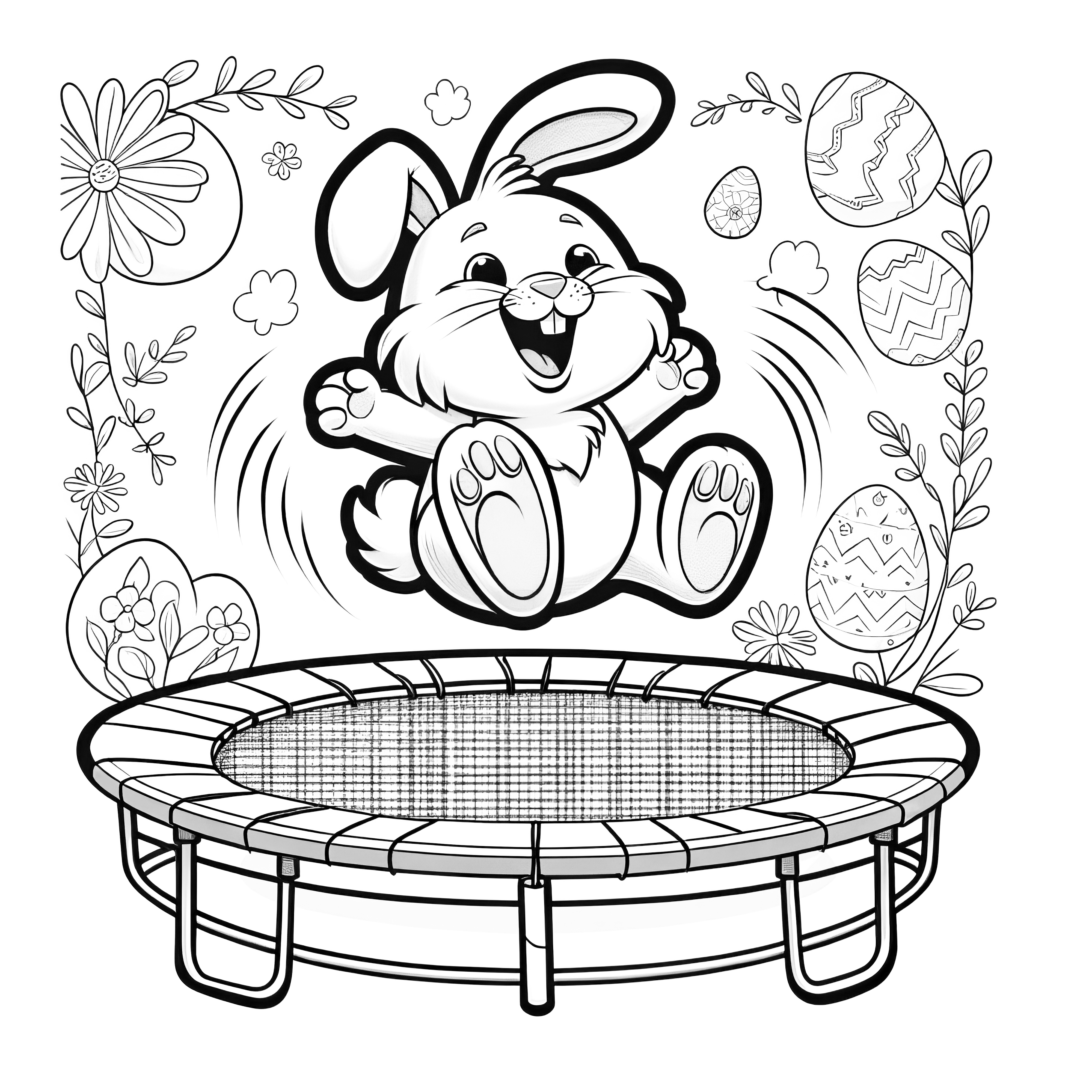 Lapin de Pâques rieur sur un trampoline avec des oeufs de Pâques : image à télécharger (gratuite)