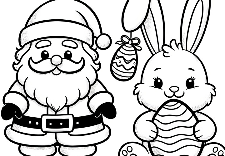 Lapin de Pâques avec Père Noël : Modèle de coloriage simple pour enfants (Gratuit)