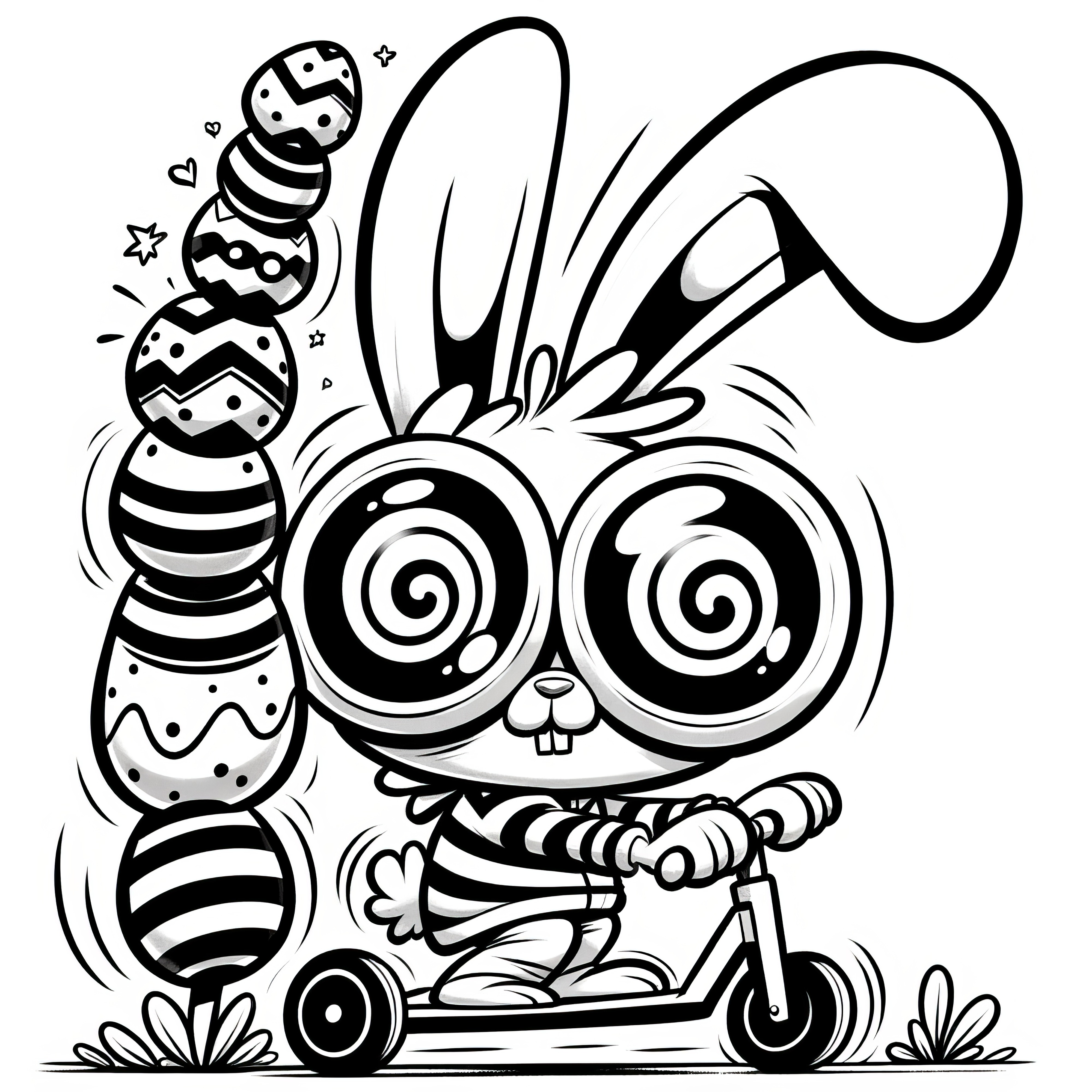 Confused Easter bunny on scooter: coloring picture for download (free)