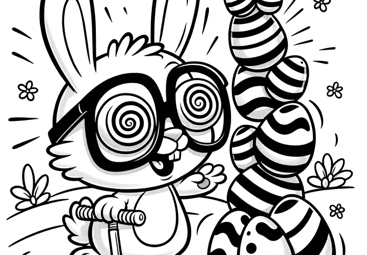 Easter bunny is confusedly stacking Easter eggs: Coloring picture for download (Free)