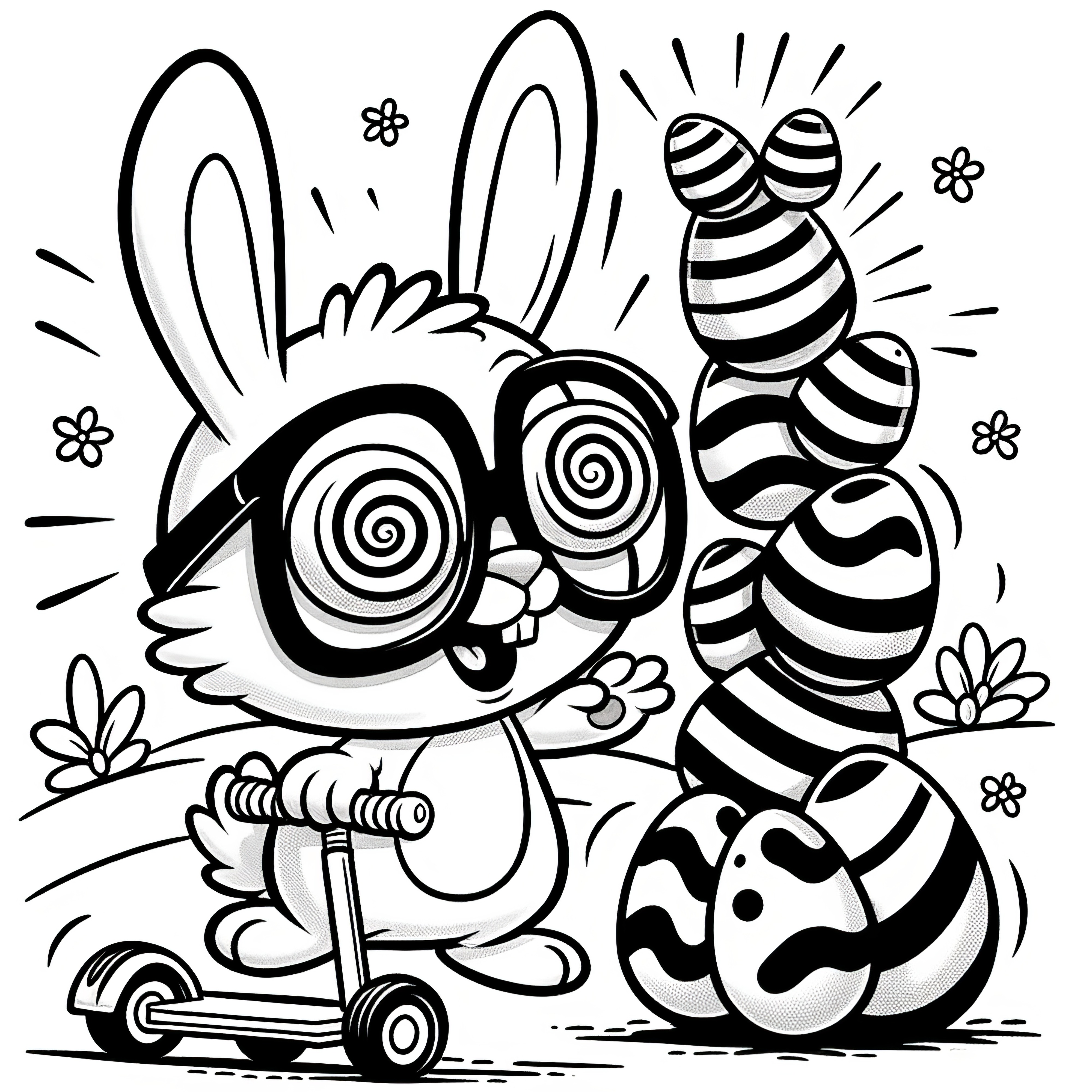 Easter bunny stacks the Easter eggs bewildered: Coloring page for downloading (Free)