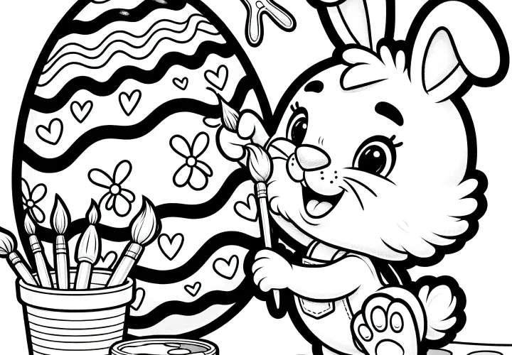 Le petit lapin peint un œuf de Pâques avec un pinceau : Modèle de coloriage simple pour enfants (Gratuit)