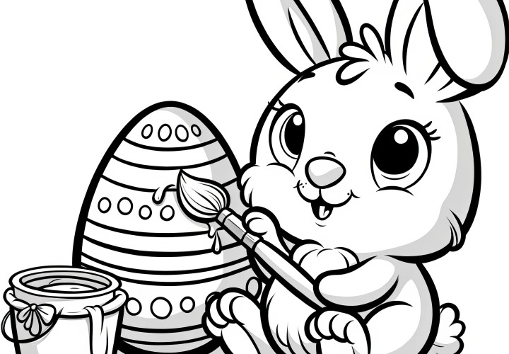 Petit lapin de Pâques en train de peindre des œufs : coloriage gratuit à télécharger