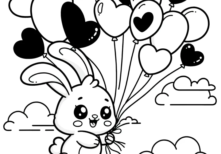 Le lapin de Pâques vole avec des ballons en forme de cœur : coloriage à télécharger (gratuit)