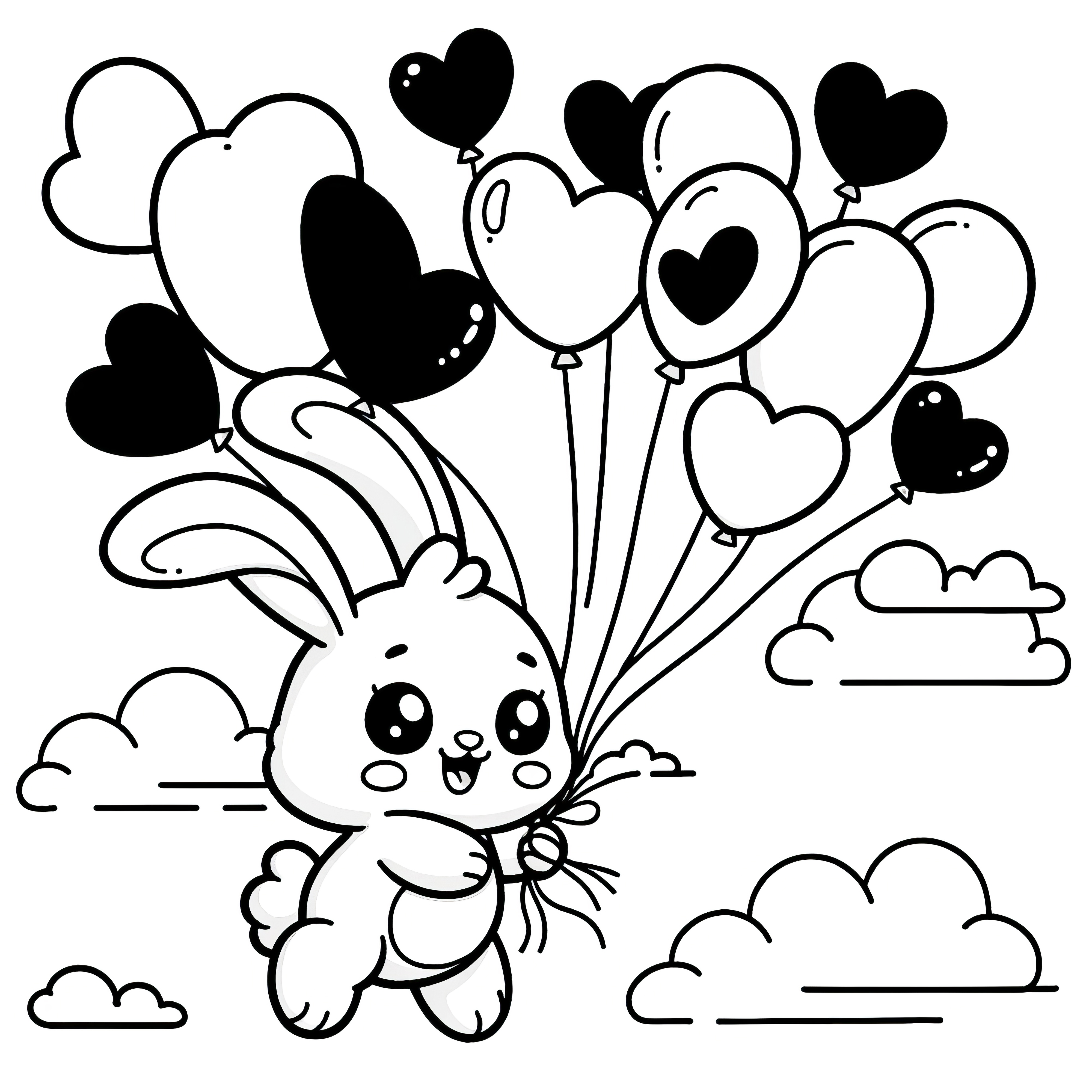 Le lapin de Pâques vole avec des ballons en forme de cœur : Coloriage à télécharger (gratuit)