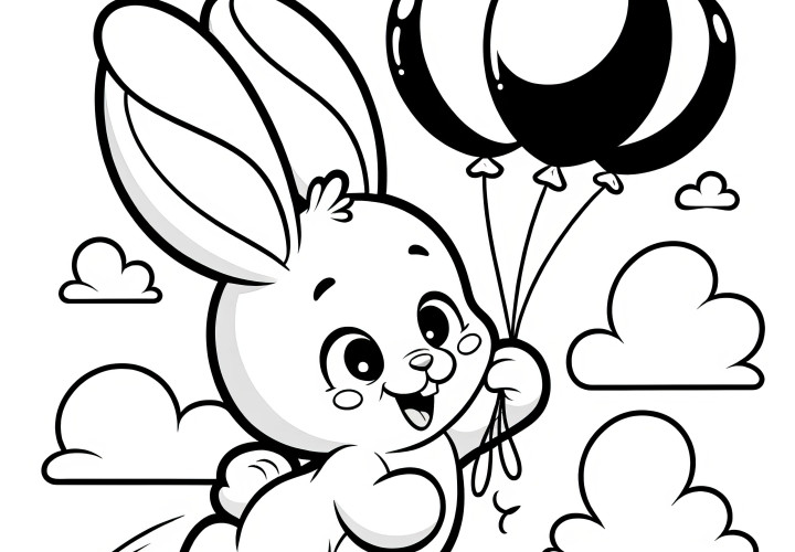 Le lapin de Pâques rieur vole avec des ballons dans le ciel nuageux : Un modèle de coloriage simple (Gratuit)