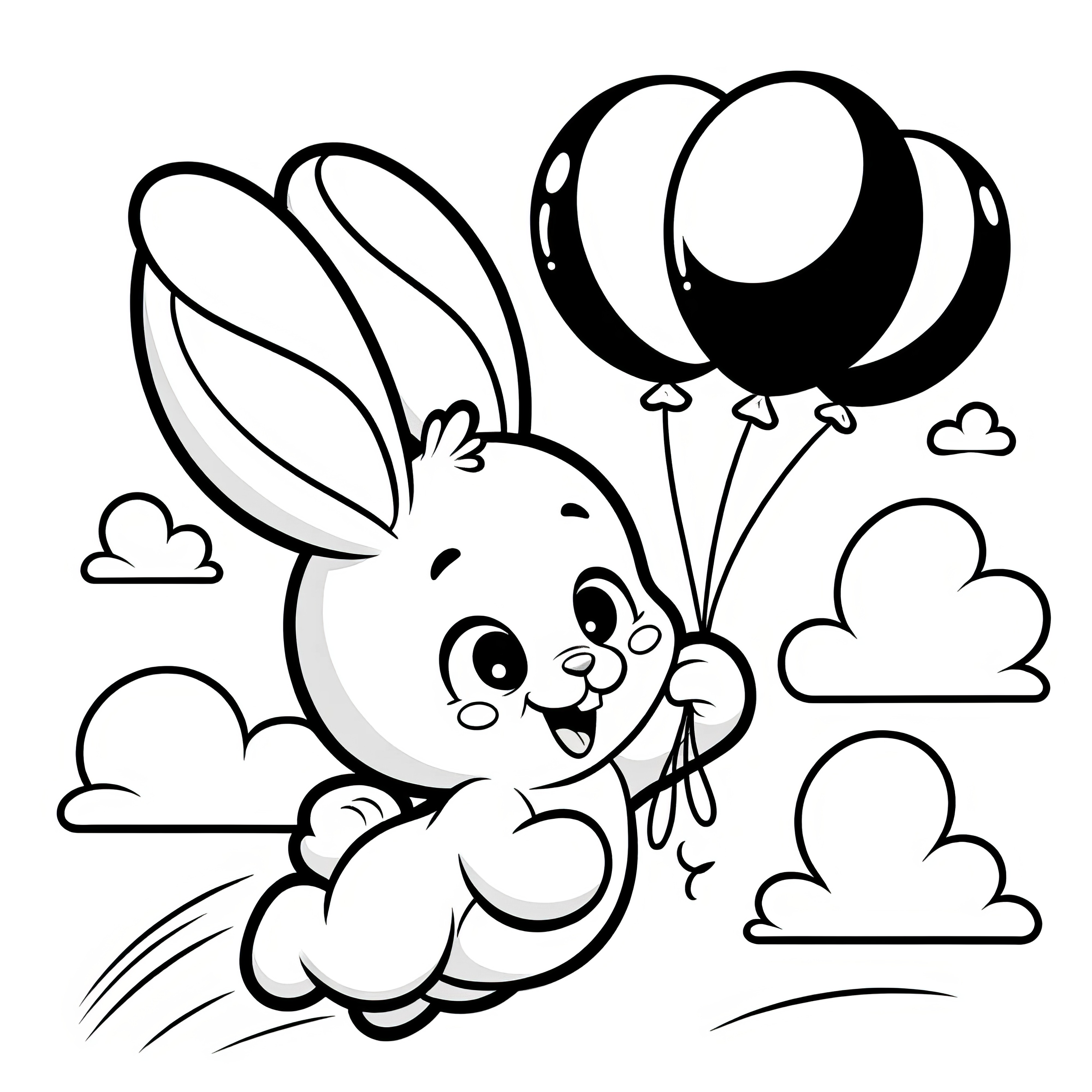 Lapin de Pâques riant vole avec des ballons dans le ciel nuageux : coloriage simple (Gratuit)