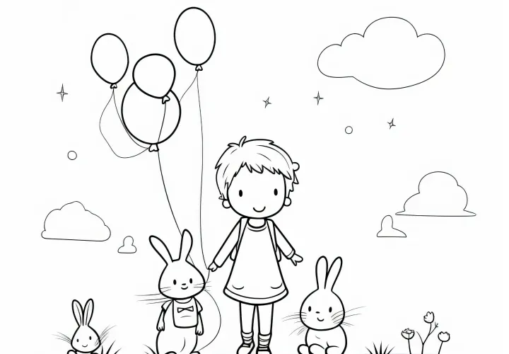 Happy child with three Easter bunnies in a meadow: Coloring picture for children (Free)