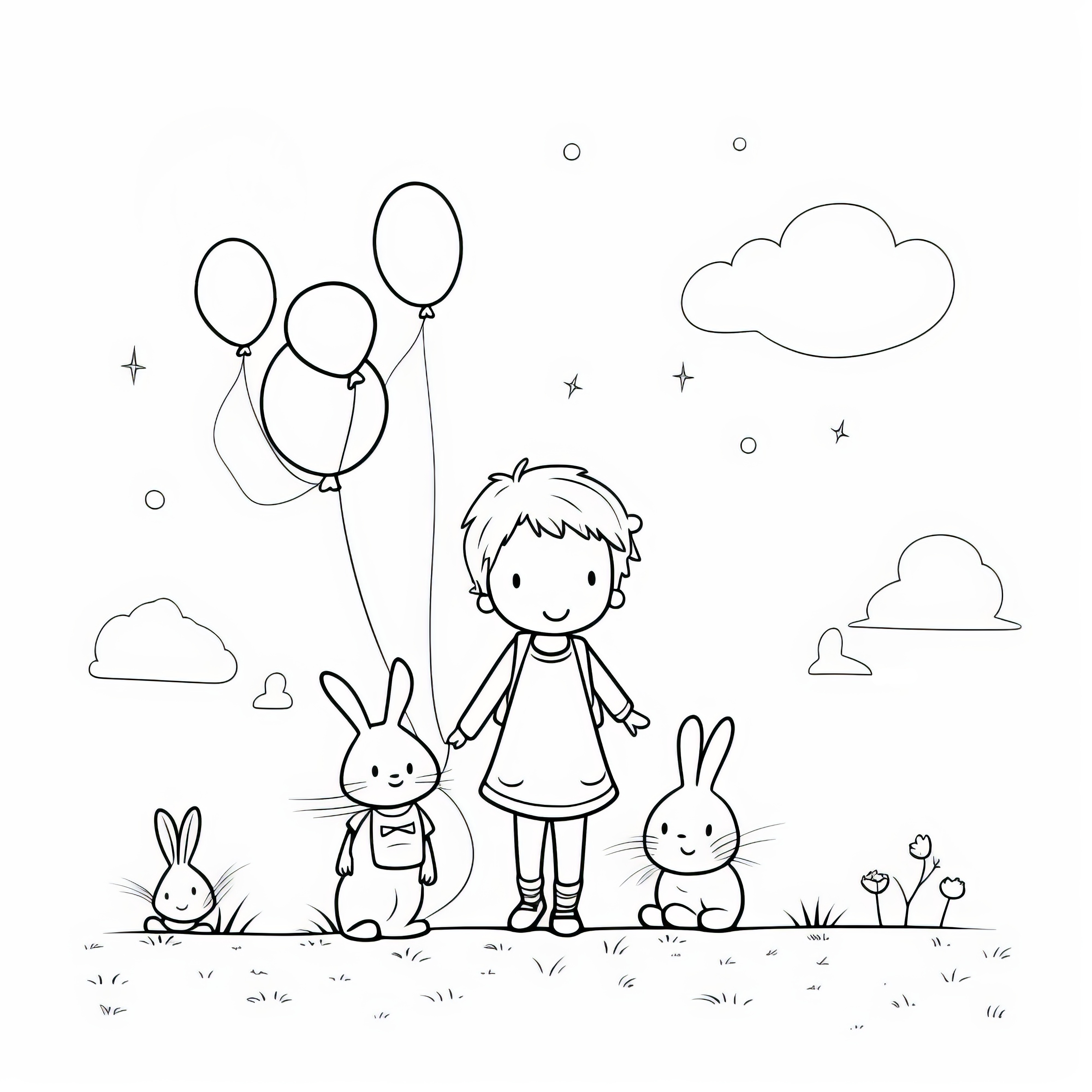 Enfant joyeux avec trois lapins de Pâques dans un pré : Coloriage pour enfants (Gratuit)