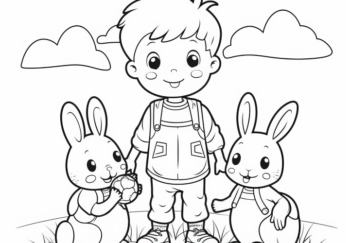 Petit garçon avec deux lapins de Pâques : Coloriage pour enfants à télécharger (gratuit)