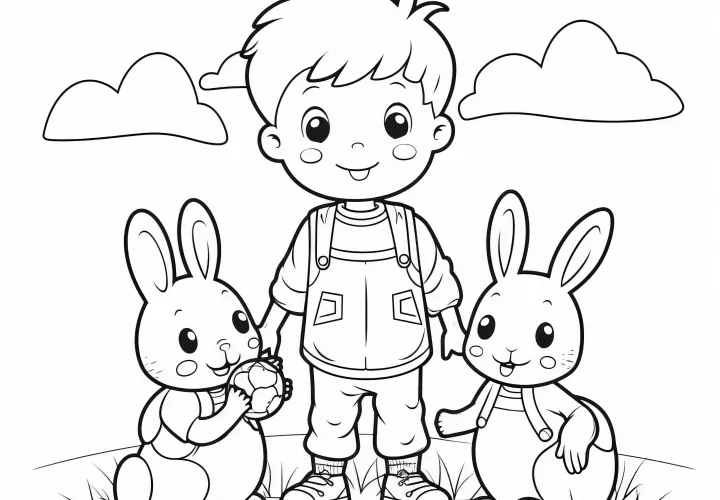 Little boy with two Easter bunnies: Coloring page for children to download (free)