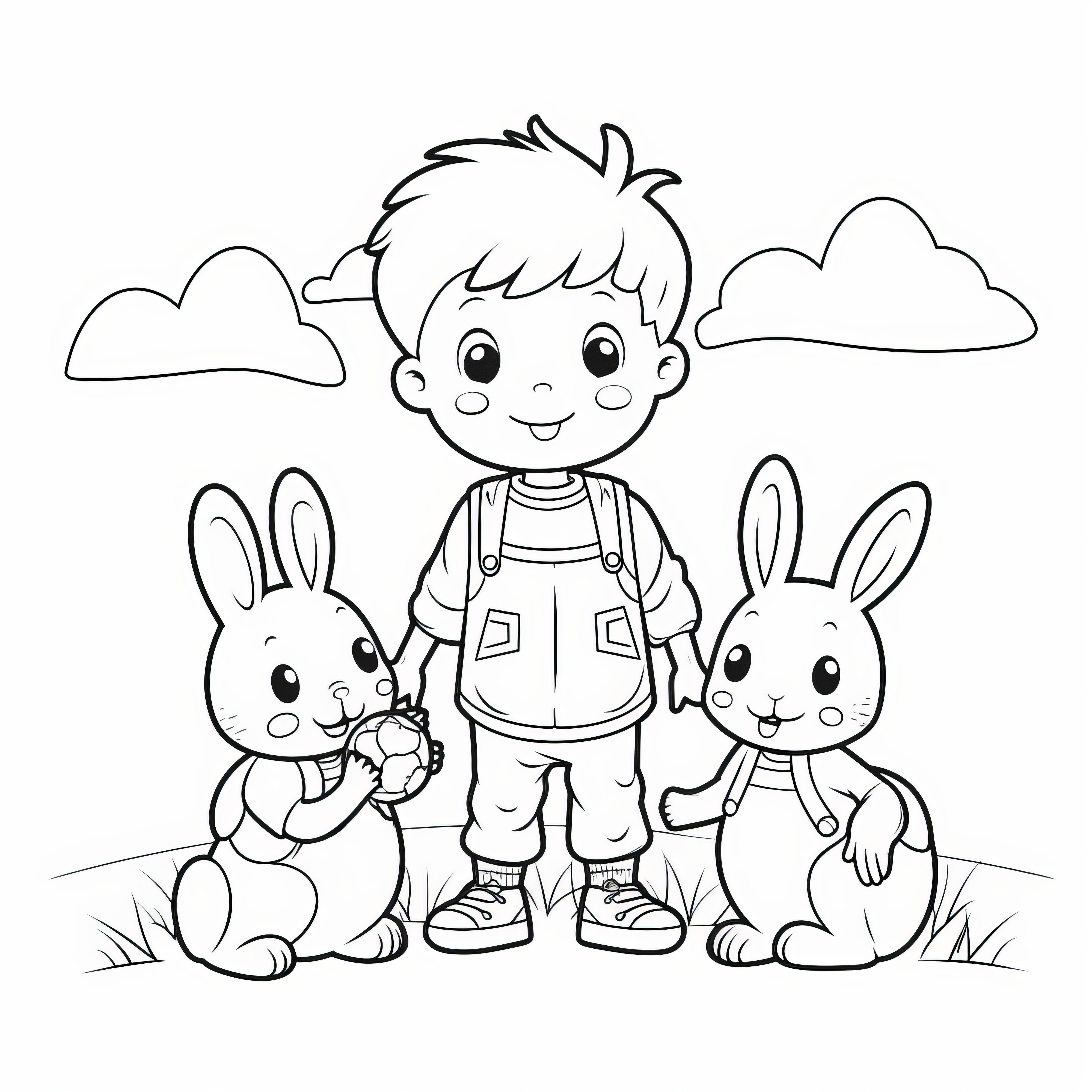 Petit garçon avec deux lapins de Pâques : coloriage pour enfants à télécharger (gratuit)