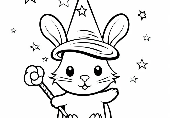 Petit lapin de Pâques en tant que magicien avec des étoiles : Coloriage simple à télécharger (Gratuit)