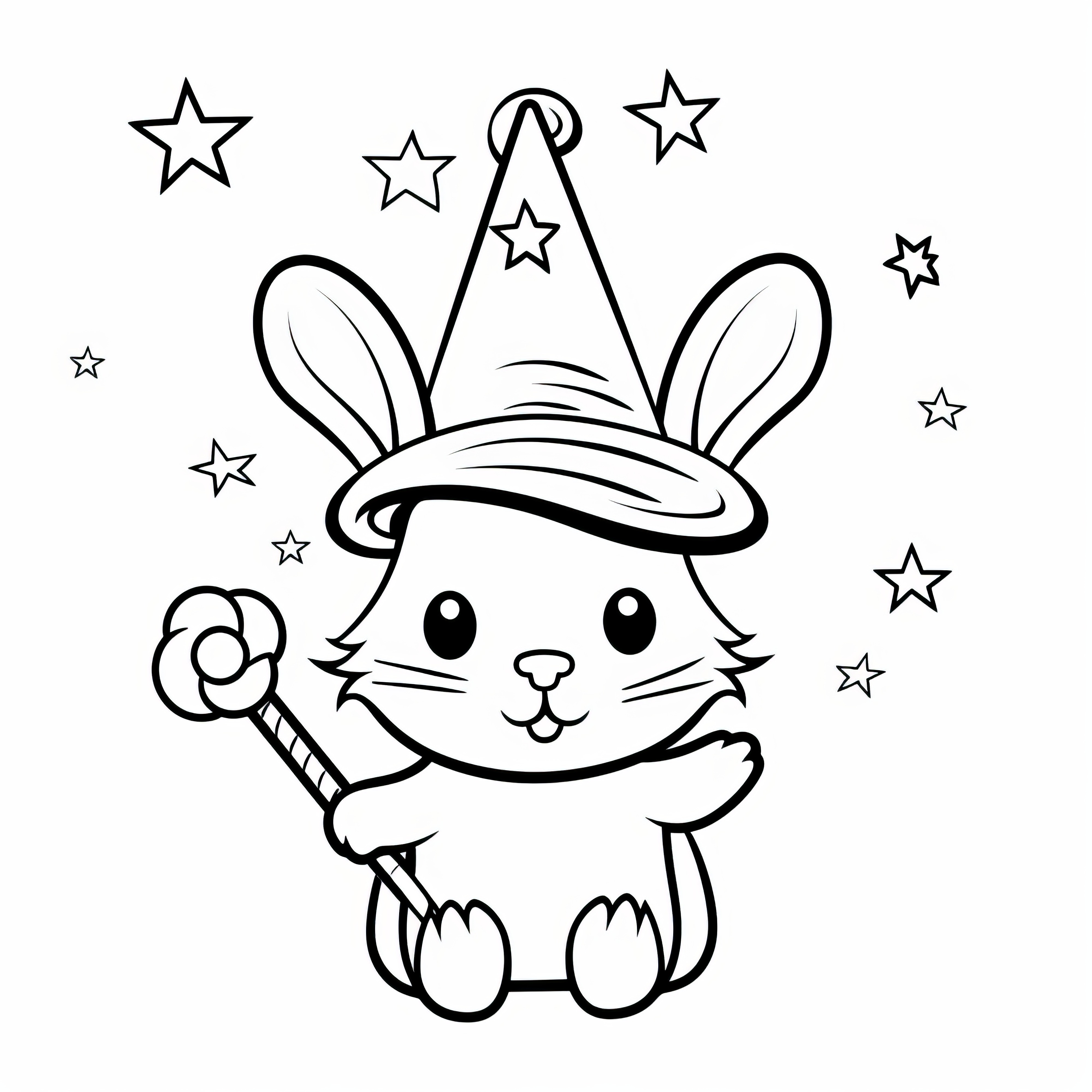 Petit lapin de Pâques en magicien avec des étoiles: Coloriage simple à télécharger (Gratuit)