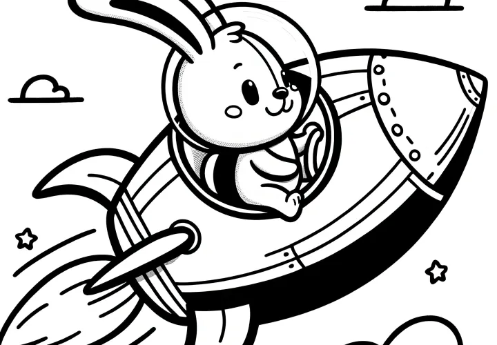 Little Easter bunny flies with rocket: Easter picture to color (Free)