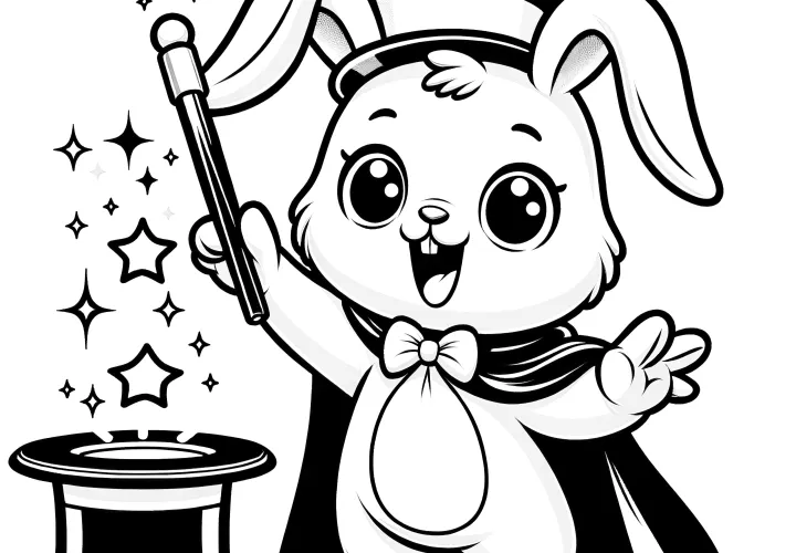 Cute Easter bunny as a wizard with a top hat: coloring page for free download