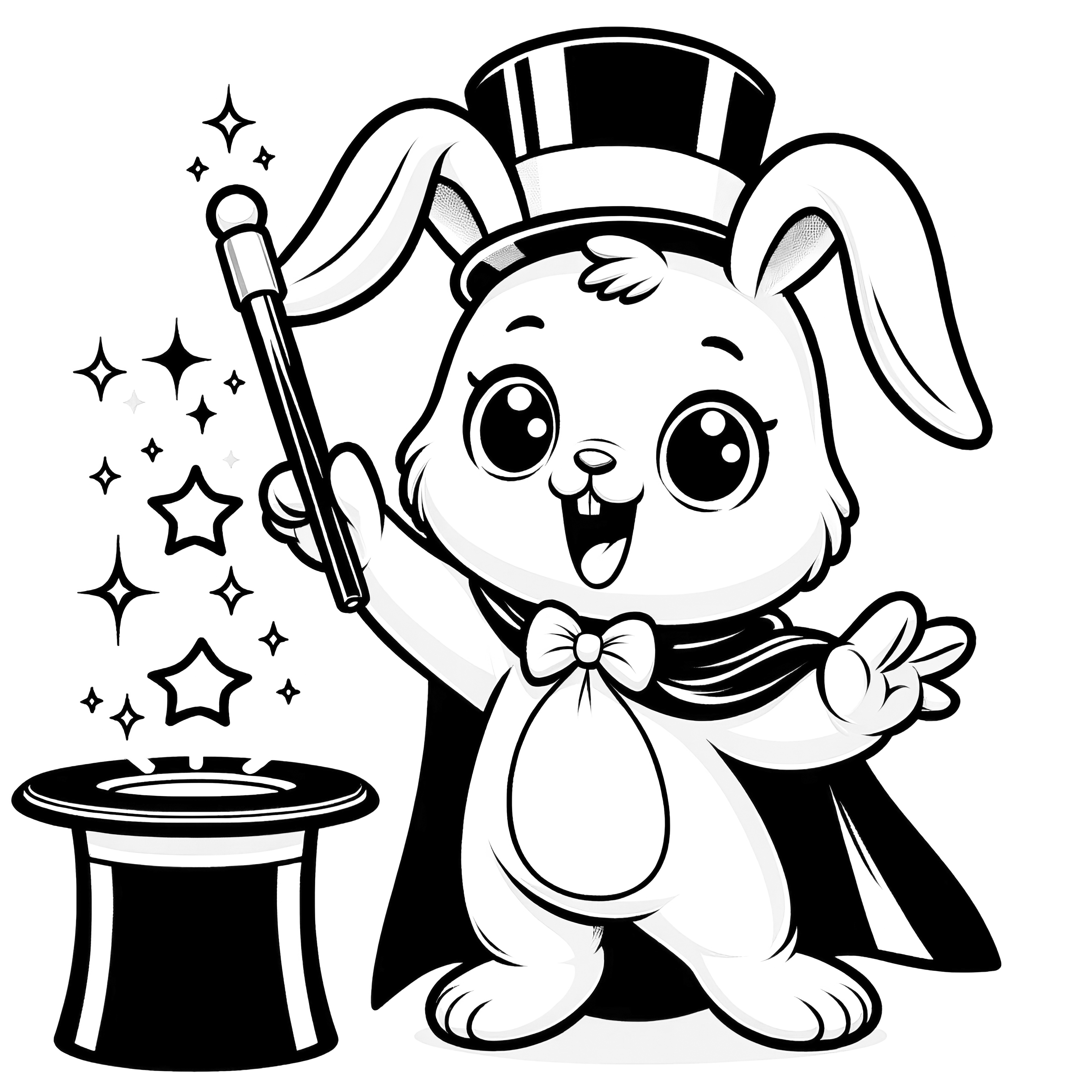 Mignon lapin de Pâques en tant que magicien avec un chapeau haut-de-forme : coloriage à télécharger gratuitement