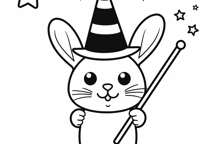 Un lapin de Pâques sucré en tant que magicien : modèle de coloriage facile à télécharger (gratuit)