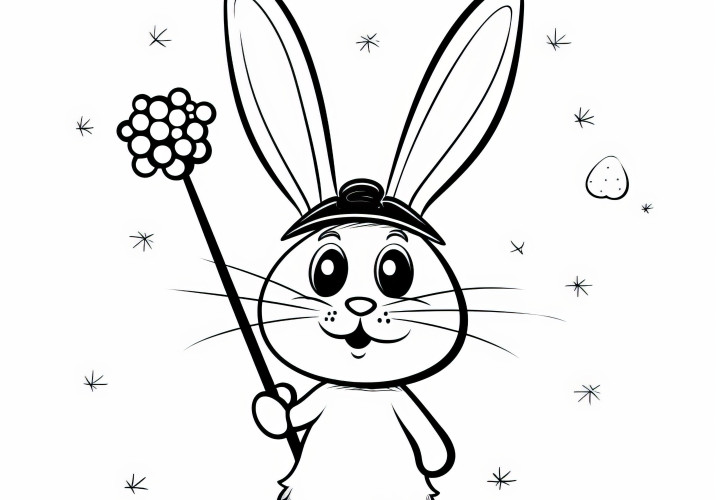 Lapin de Pâques moelleux en tant que magicien : Image simple à colorier (gratuit)