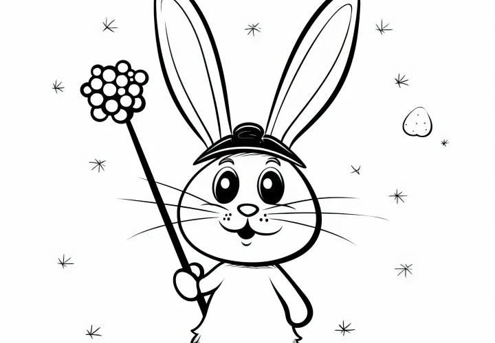 Fluffy Easter bunny as a wizard: Simple coloring picture (Free)