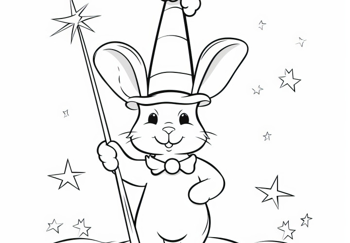 Un lapin de Pâques espiègle en tant que magicien avec un chapeau pointu : image à colorier à télécharger (gratuitement)