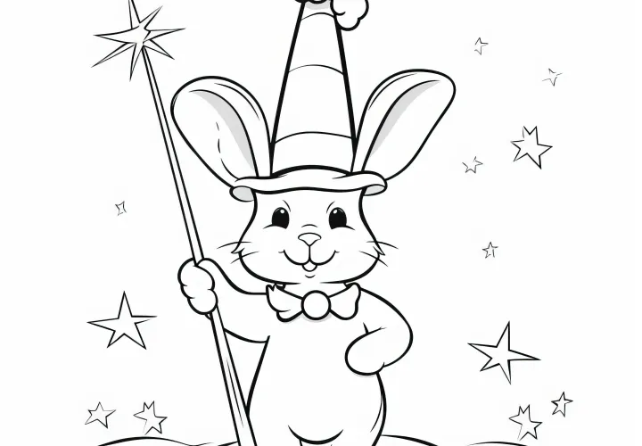 Cheeky Easter Bunny as a magician with a pointed hat: Coloring page for downloading (Free)