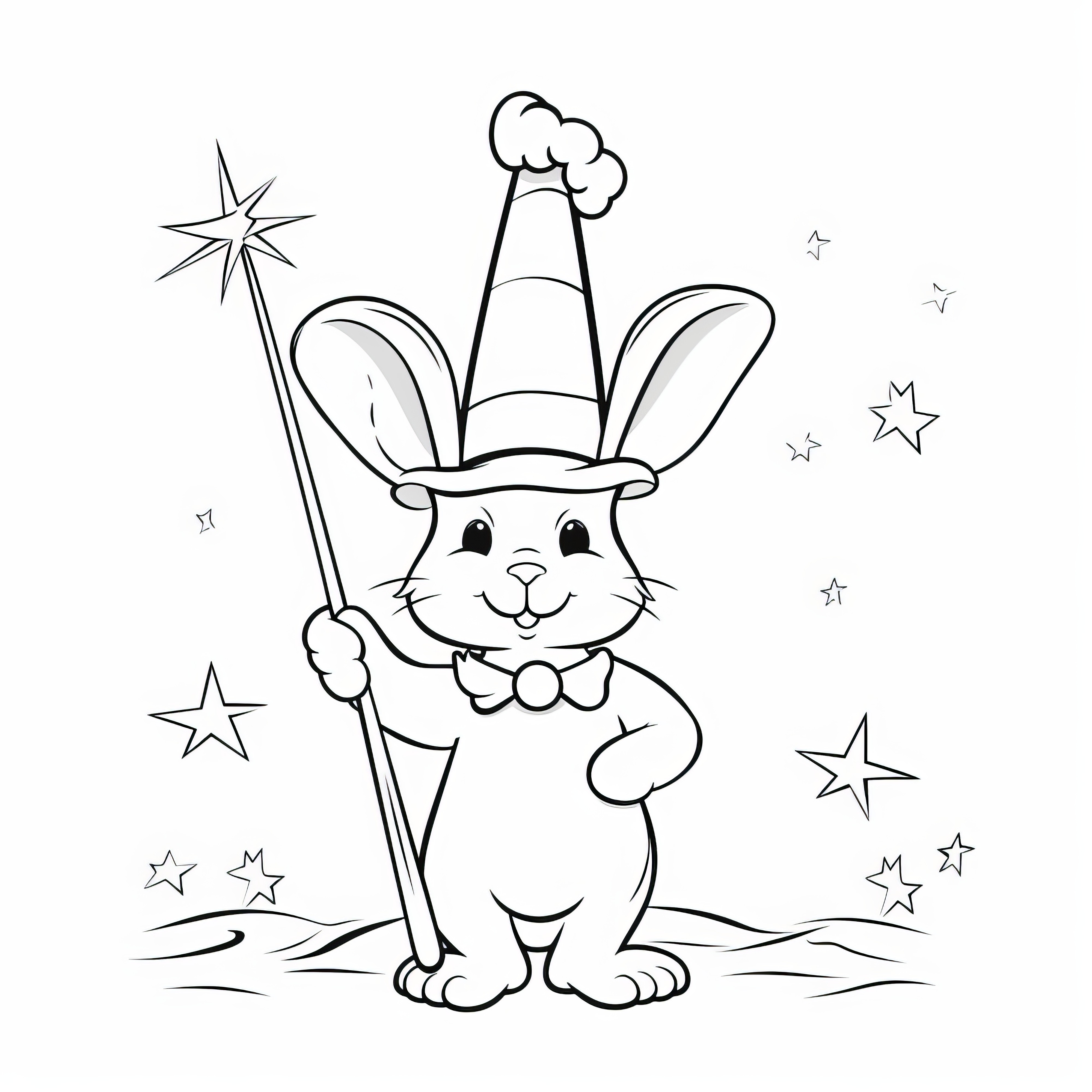 Un lapin de Pâques effronté en tant que magicien avec un chapeau pointu : image à colorier à télécharger (Gratuit)