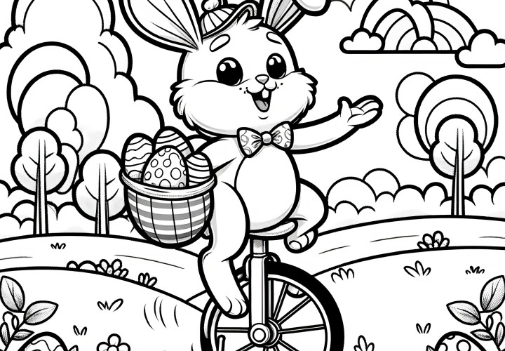 Lapin de Pâques en monocycle dans le paysage : coloriage à télécharger (Gratuit)